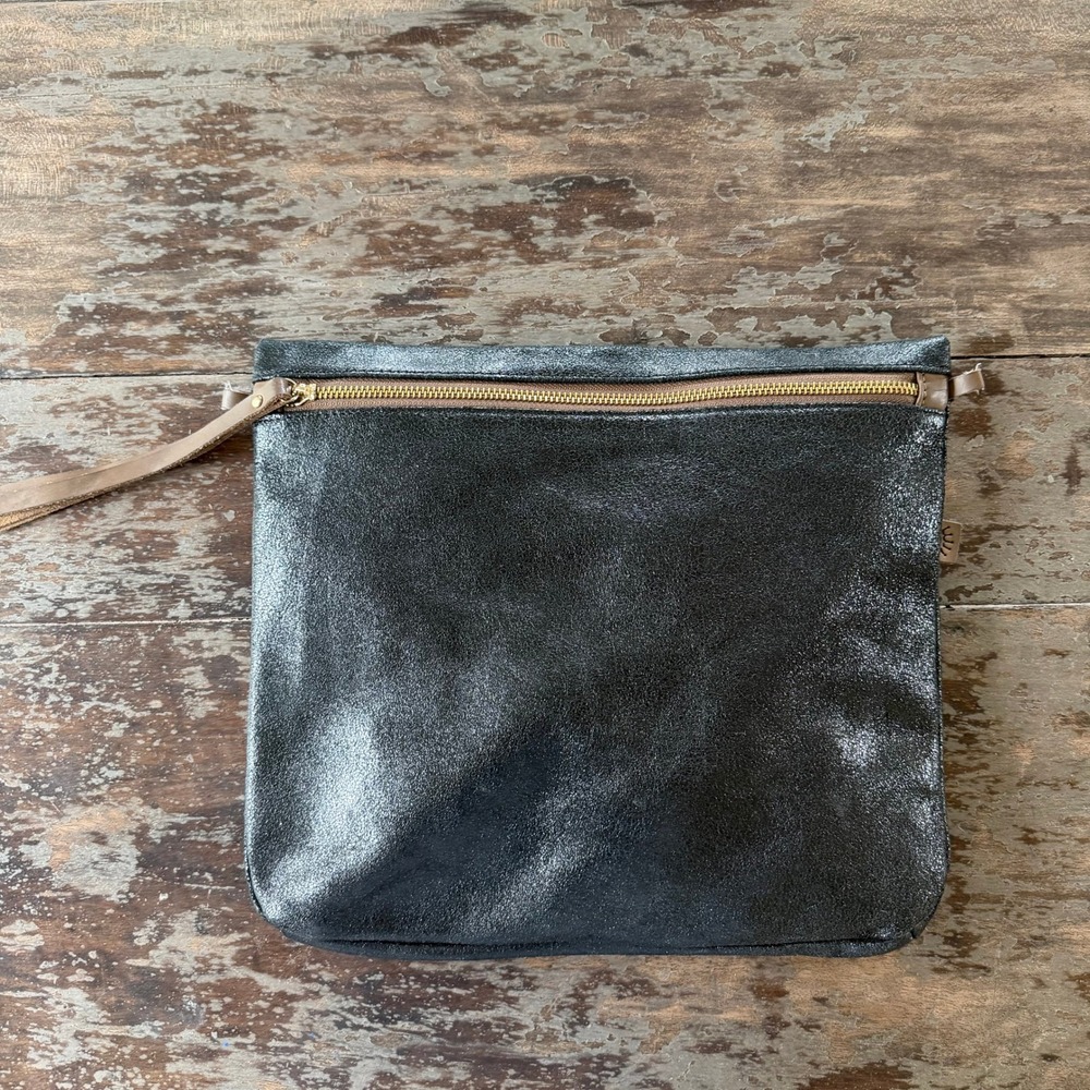 Hammitt Metallic Black Leather Tassel Zipper Clutch Pouch Bag